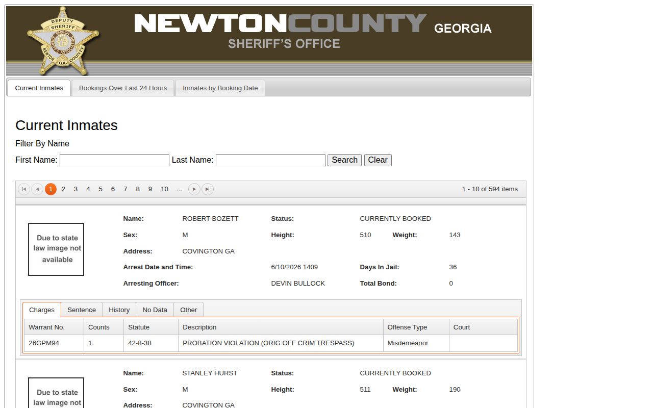 Newton County released inmate search options for current and prior jail bookings