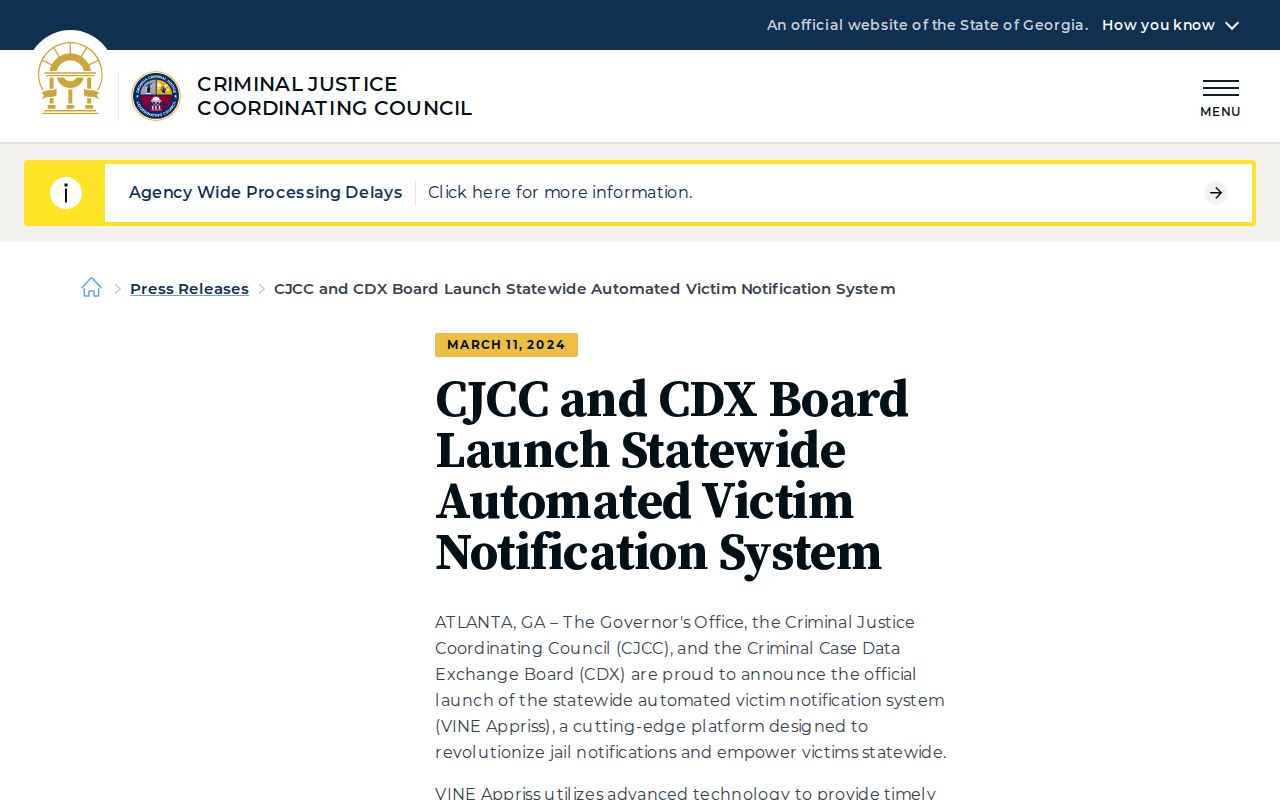 Georgia statewide automated victim notification announcement for Newton County VINE users